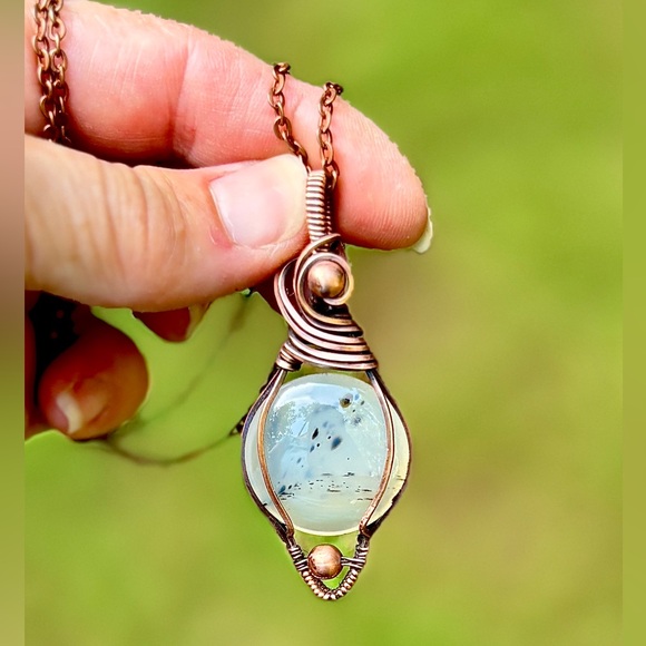 HAND CRAFTED Montana Agate Wire Wrapped Copper Pendant Necklace Handmade Jewelry - Picture 1 of 10